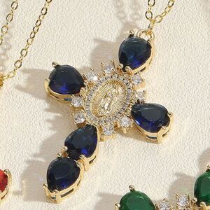 Gold Chain Necklace with Deep Blue Gemstone Pendant